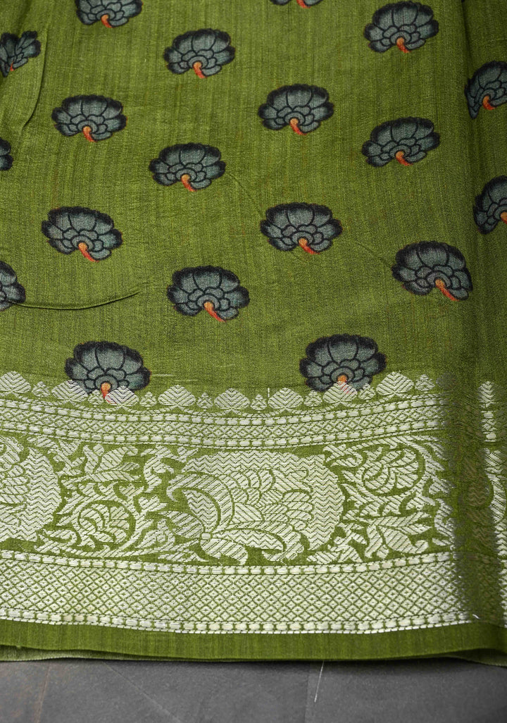 Green Banarasi Tussar Silk Saree with Kalamkari Digital Floral Print and Zari Border | SILK MARK CERTIFIED