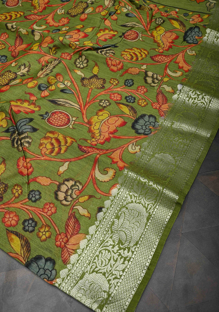 Green Banarasi Tussar Silk Saree with Kalamkari Digital Floral Print and Zari Border | SILK MARK CERTIFIED