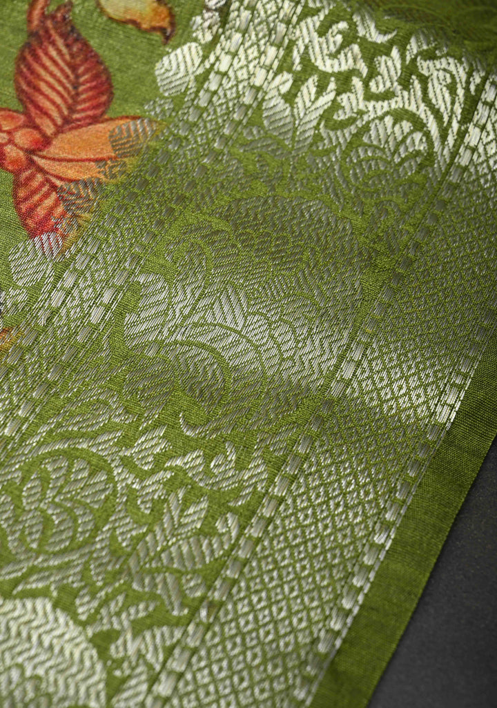 Green Banarasi Tussar Silk Saree with Kalamkari Digital Floral Print and Zari Border | SILK MARK CERTIFIED