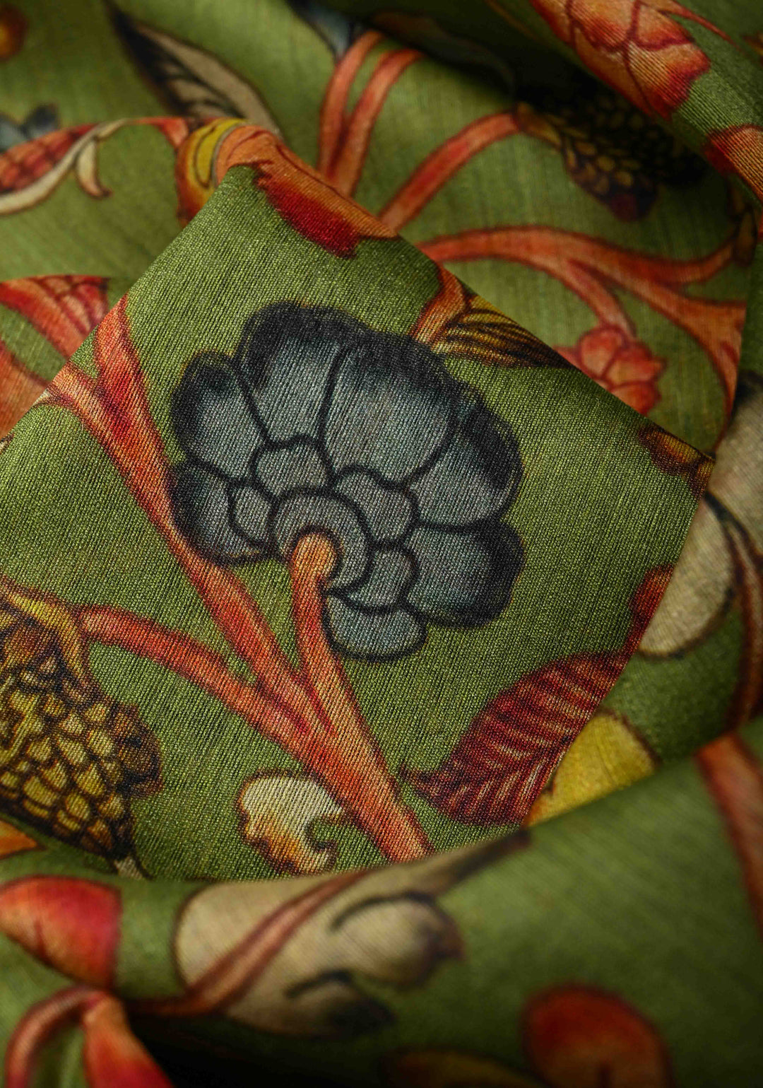 Green Banarasi Tussar Silk Saree with Kalamkari Digital Floral Print and Zari Border | SILK MARK CERTIFIED