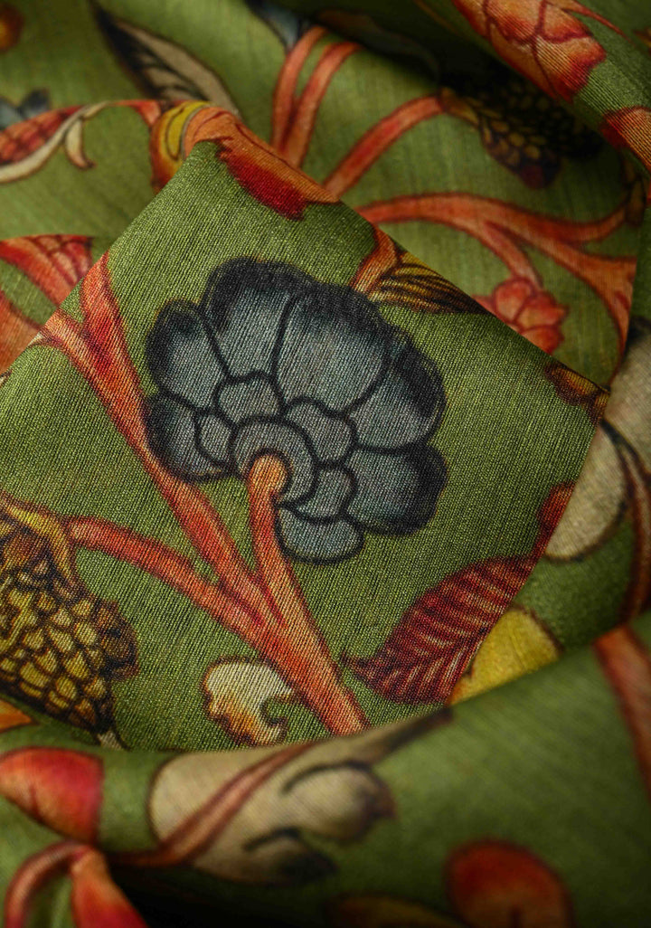 Green Banarasi Tussar Silk Saree with Kalamkari Digital Floral Print and Zari Border | SILK MARK CERTIFIED