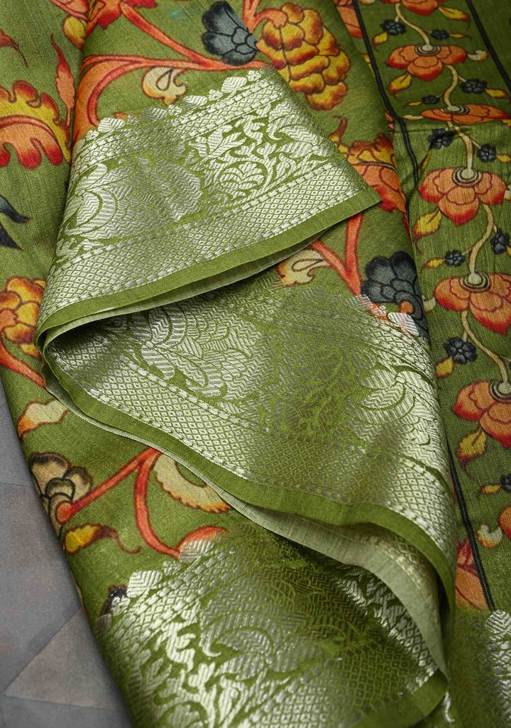 Green Banarasi Tussar Silk Saree with Kalamkari Digital Floral Print and Zari Border | SILK MARK CERTIFIED