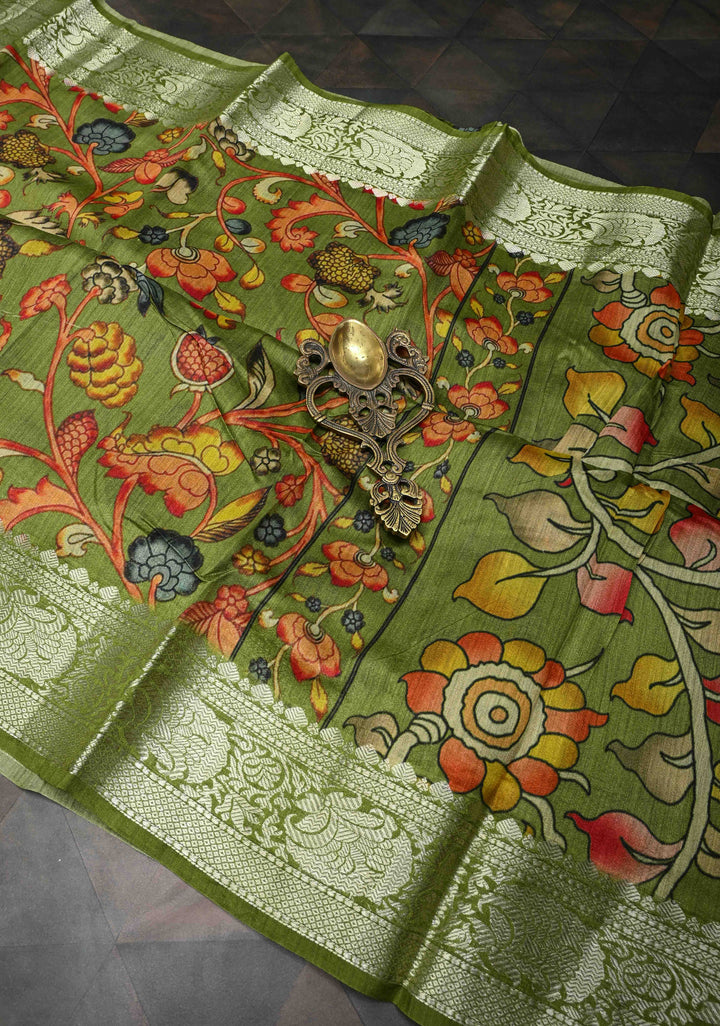 Green Banarasi Tussar Silk Saree with Kalamkari Digital Floral Print and Zari Border | SILK MARK CERTIFIED