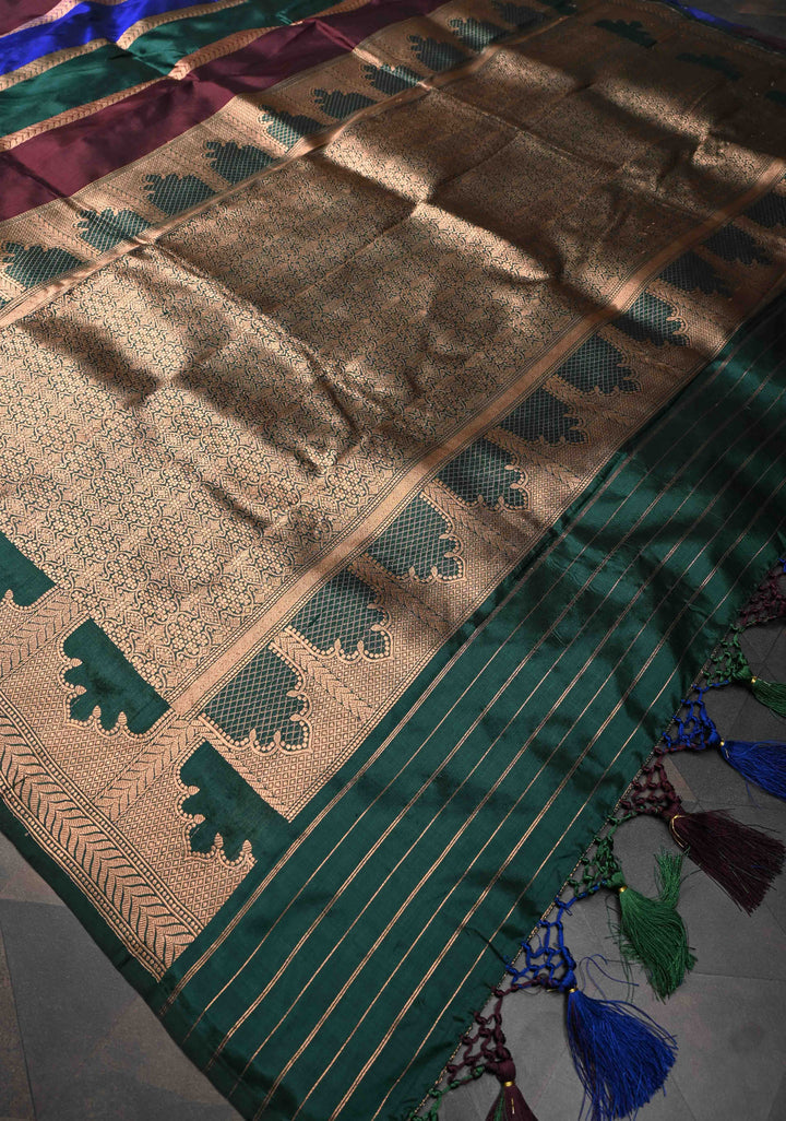 Multicolor Banarasi Katan silk saree with Rangkaat Style Jharokha Pattern and Zari Border | SILK MARK CERTIFIED