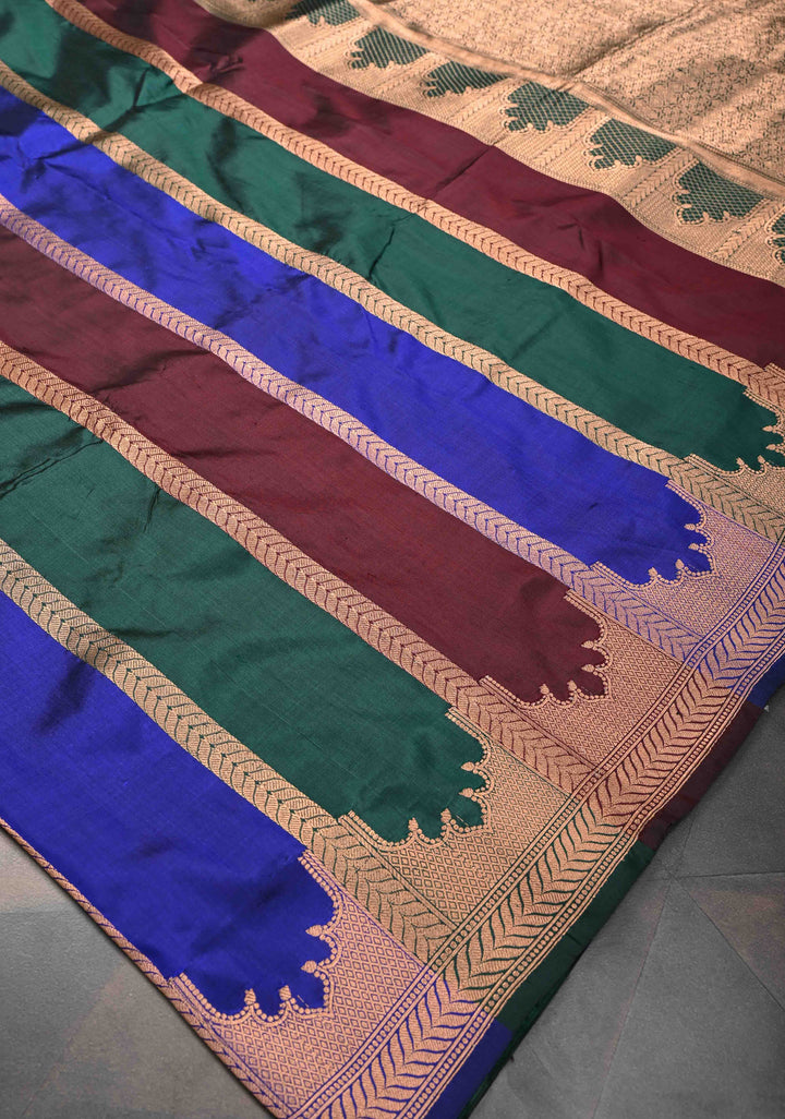 Multicolor Banarasi Katan silk saree with Rangkaat Style Jharokha Pattern and Zari Border | SILK MARK CERTIFIED