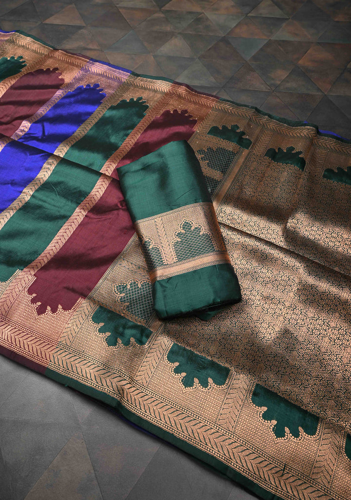 Multicolor Banarasi Katan silk saree with Rangkaat Style Jharokha Pattern and Zari Border | SILK MARK CERTIFIED
