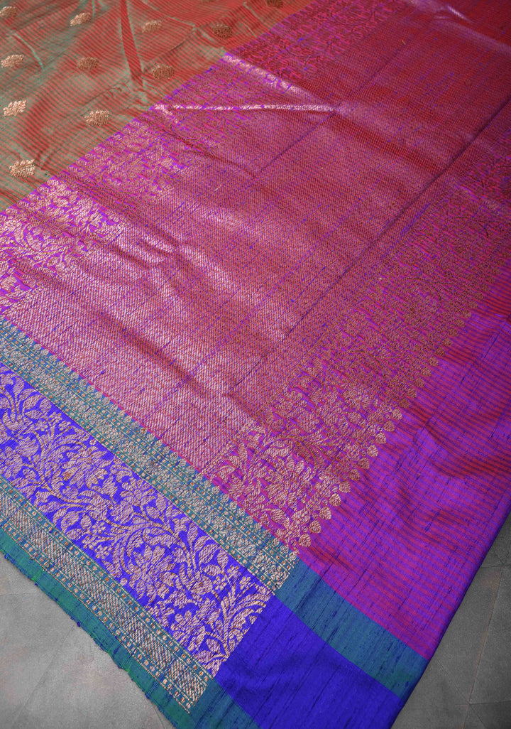 Green Dual Tone Banarasi Dupion Silk Saree with Zari Buttas and Contrast Zari Border | SILK MARK CERTIFIED