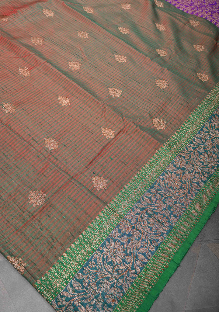 Green Dual Tone Banarasi Dupion Silk Saree with Zari Buttas and Contrast Zari Border | SILK MARK CERTIFIED