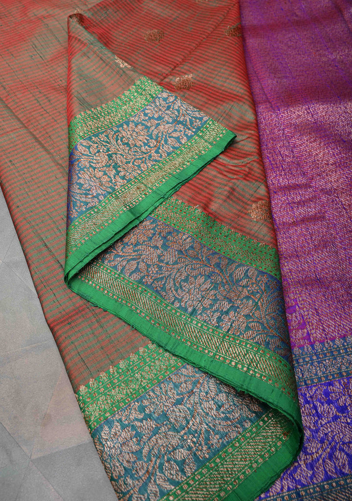 Green Dual Tone Banarasi Dupion Silk Saree with Zari Buttas and Contrast Zari Border | SILK MARK CERTIFIED