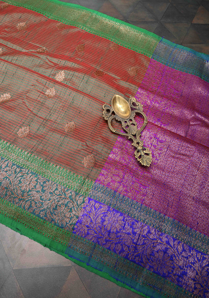 Green Dual Tone Banarasi Dupion Silk Saree with Zari Buttas and Contrast Zari Border | SILK MARK CERTIFIED