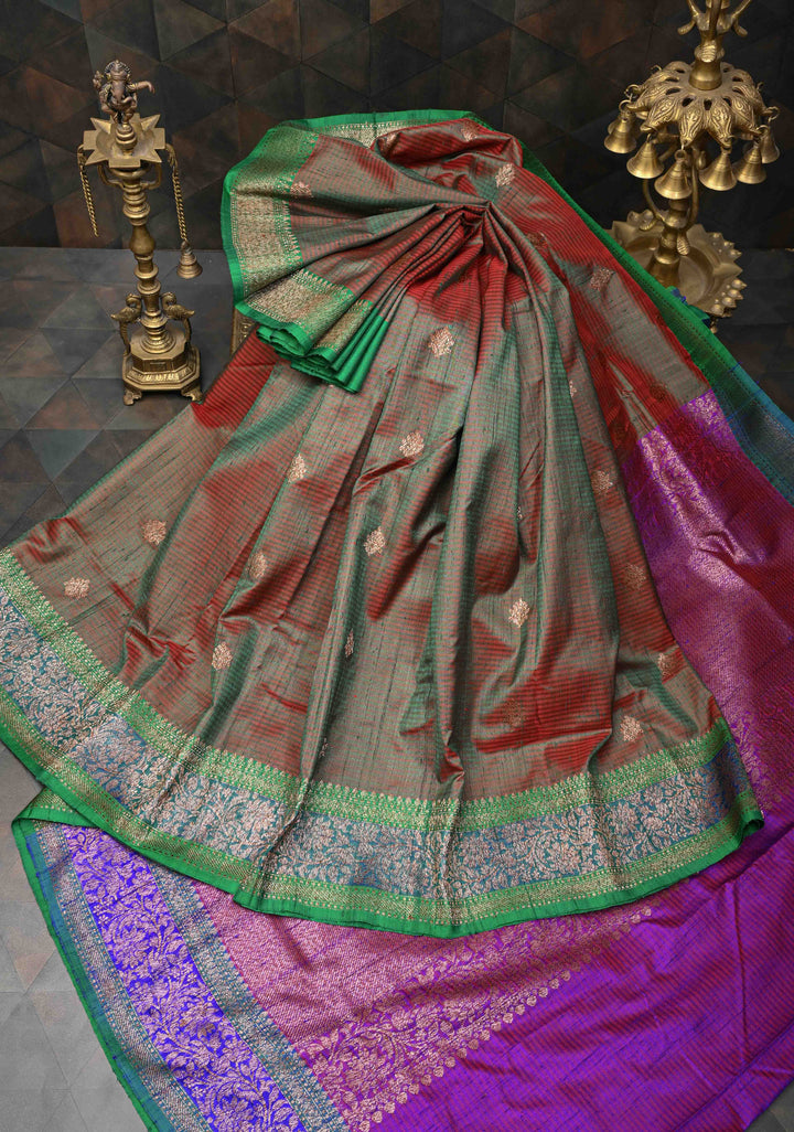 Green Dual Tone Banarasi Dupion Silk Saree with Zari Buttas and Contrast Zari Border | SILK MARK CERTIFIED