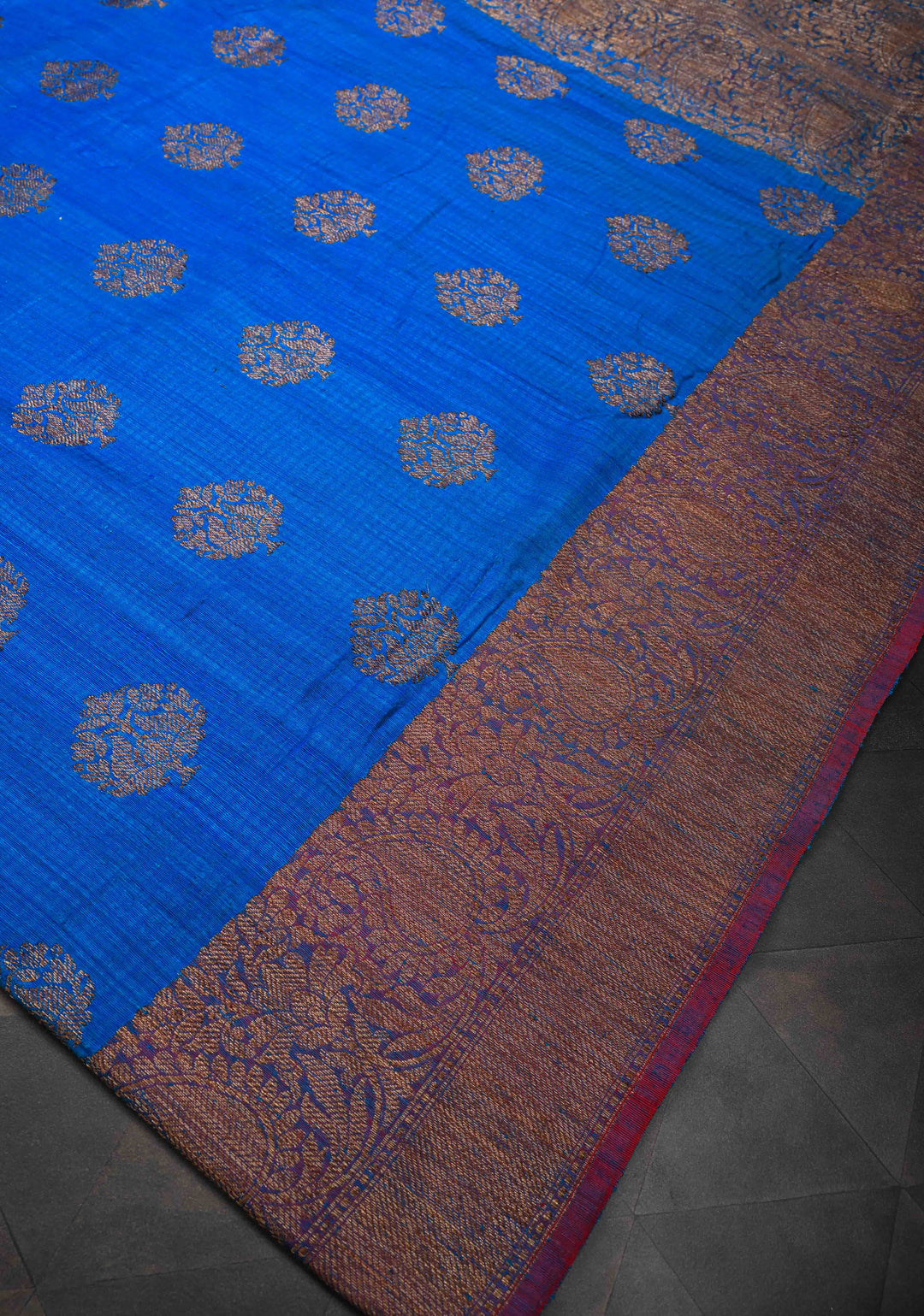 Blue Pure Banarasi Dupion Silk Saree with Antique Damask Buttas and Zari Border | SILK MARK CERTIFIED