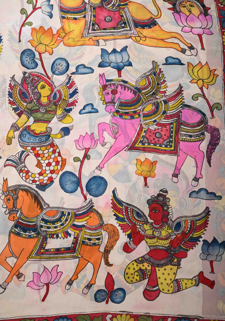 Radhakrishna pallu : Off White Authentic pen kalamkari on pure Georgette Silk Saree with Lace Border | SILK MARK CERTIFIED
