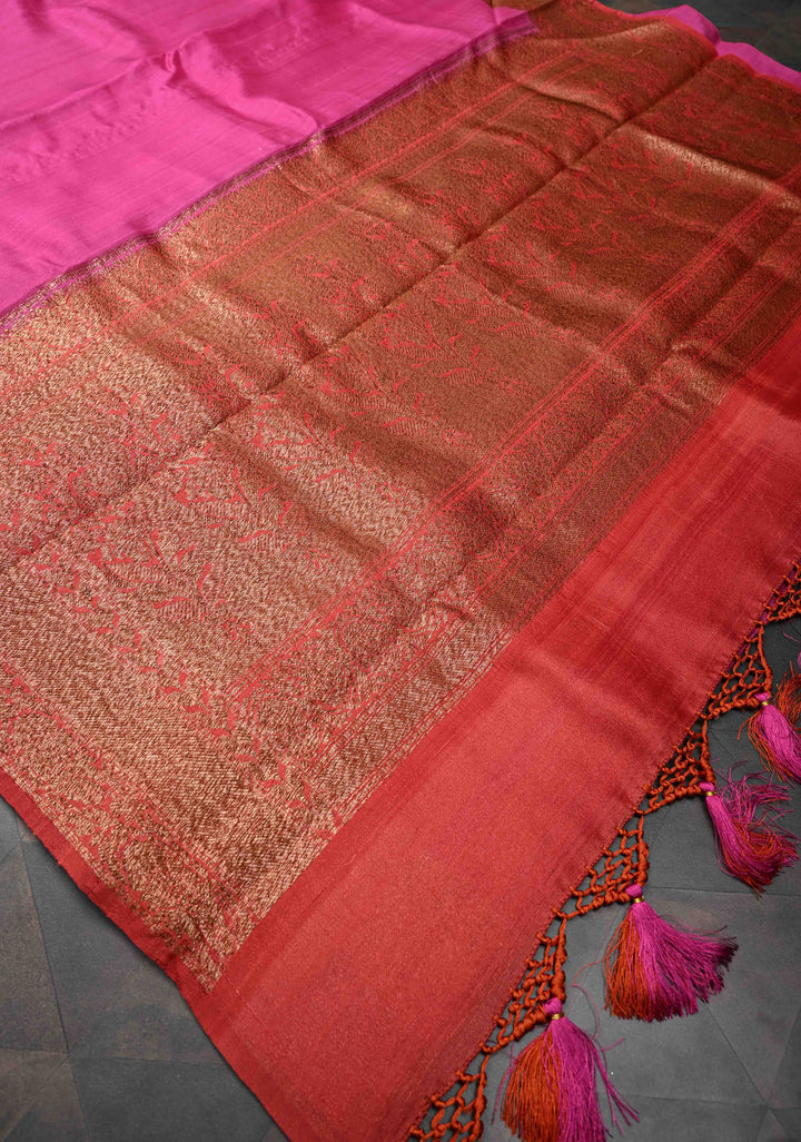 Dark Pink Banarasi Tussar Georgette Saree with Contrast Zari Border | SILK MARK CERTIFIED