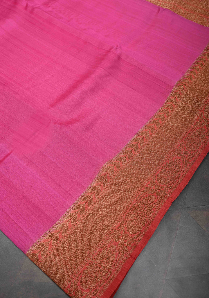 Dark Pink Banarasi Tussar Georgette Saree with Contrast Zari Border | SILK MARK CERTIFIED