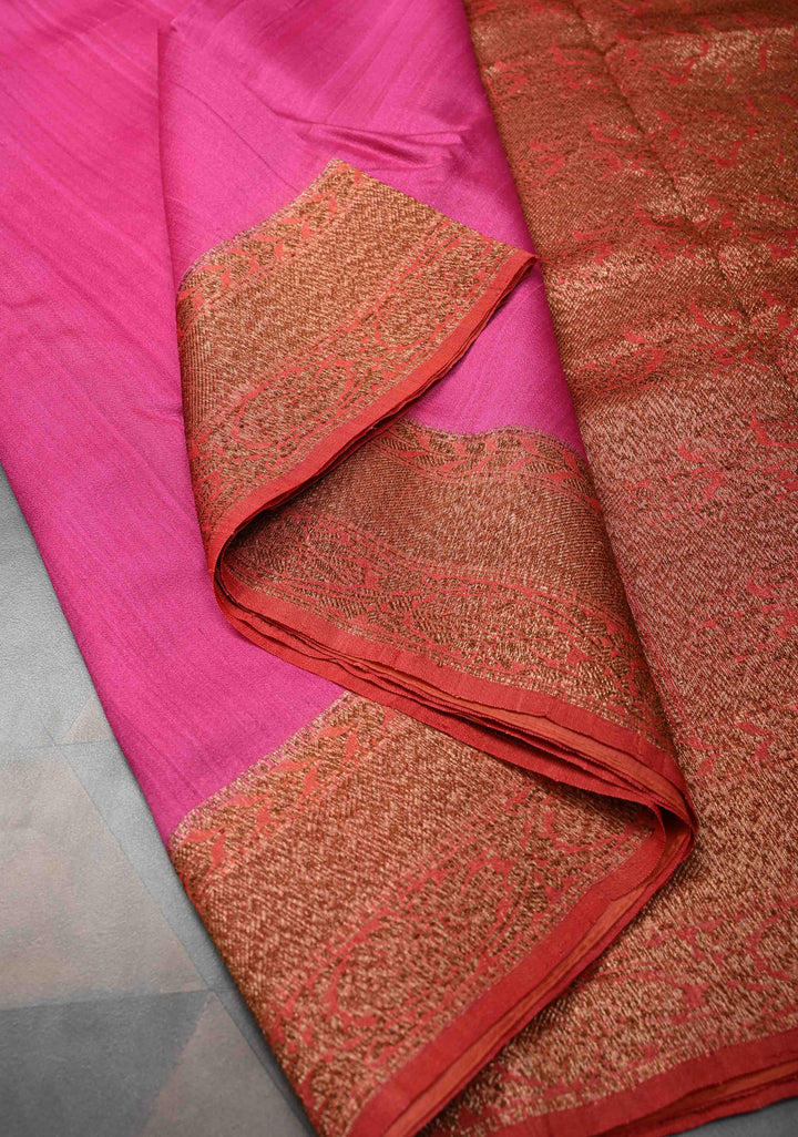 Dark Pink Banarasi Tussar Georgette Saree with Contrast Zari Border | SILK MARK CERTIFIED
