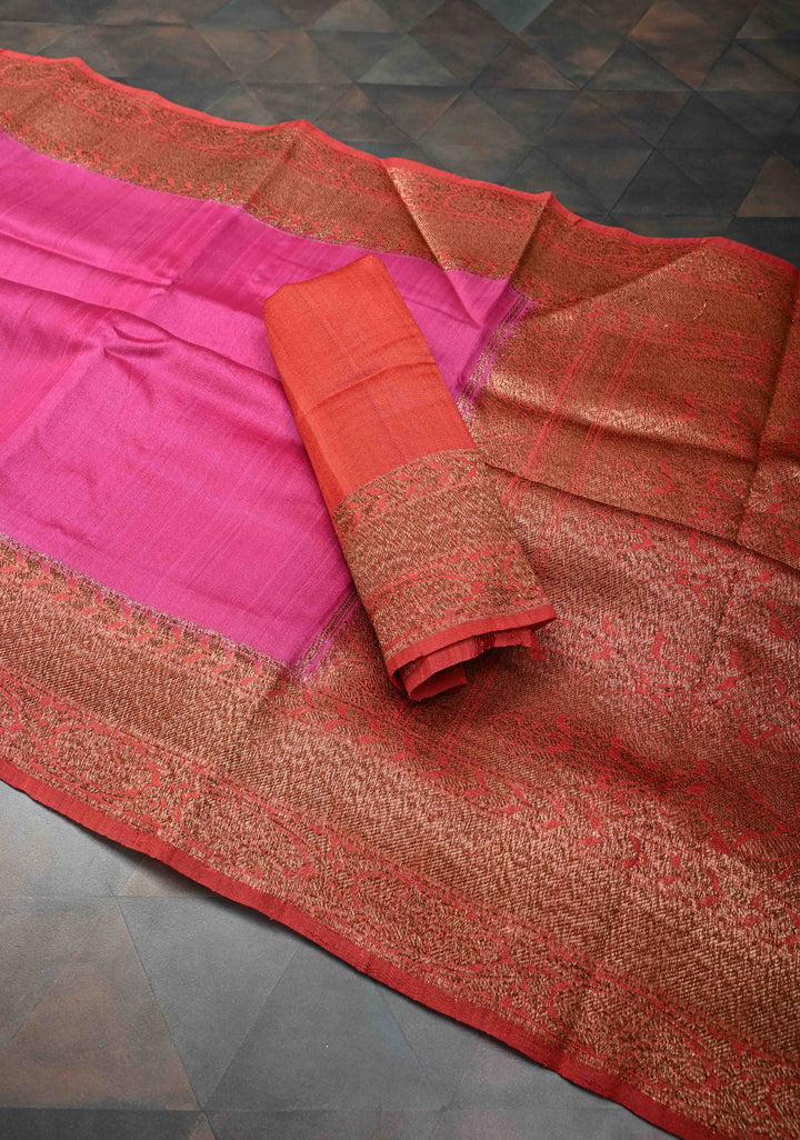 Dark Pink Banarasi Tussar Georgette Saree with Contrast Zari Border | SILK MARK CERTIFIED