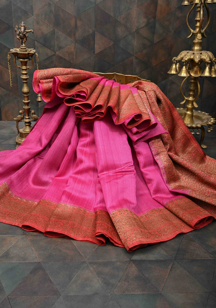 Dark Pink Banarasi Tussar Georgette Saree with Contrast Zari Border | SILK MARK CERTIFIED
