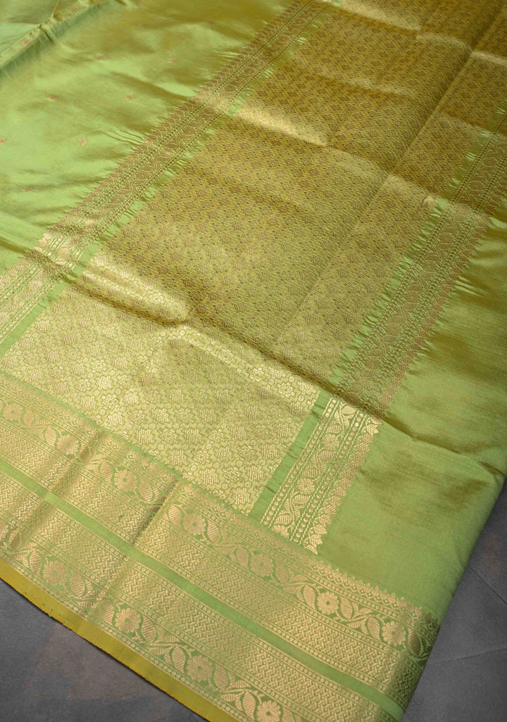 Tea Green Pure Banarasi Katan Silk Saree with Chunri Buttis and Zari Border | SILK MARK CERTIFIED