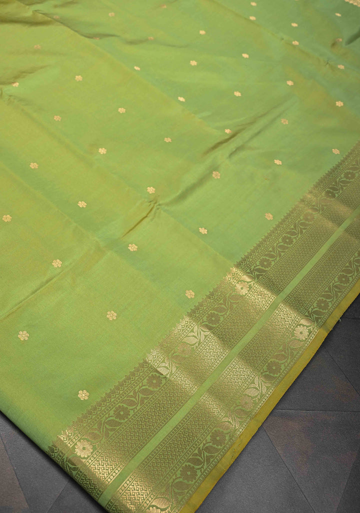 Tea Green Pure Banarasi Katan Silk Saree with Chunri Buttis and Zari Border | SILK MARK CERTIFIED