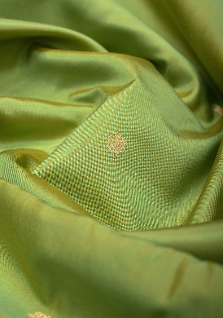 Tea Green Pure Banarasi Katan Silk Saree with Chunri Buttis and Zari Border | SILK MARK CERTIFIED