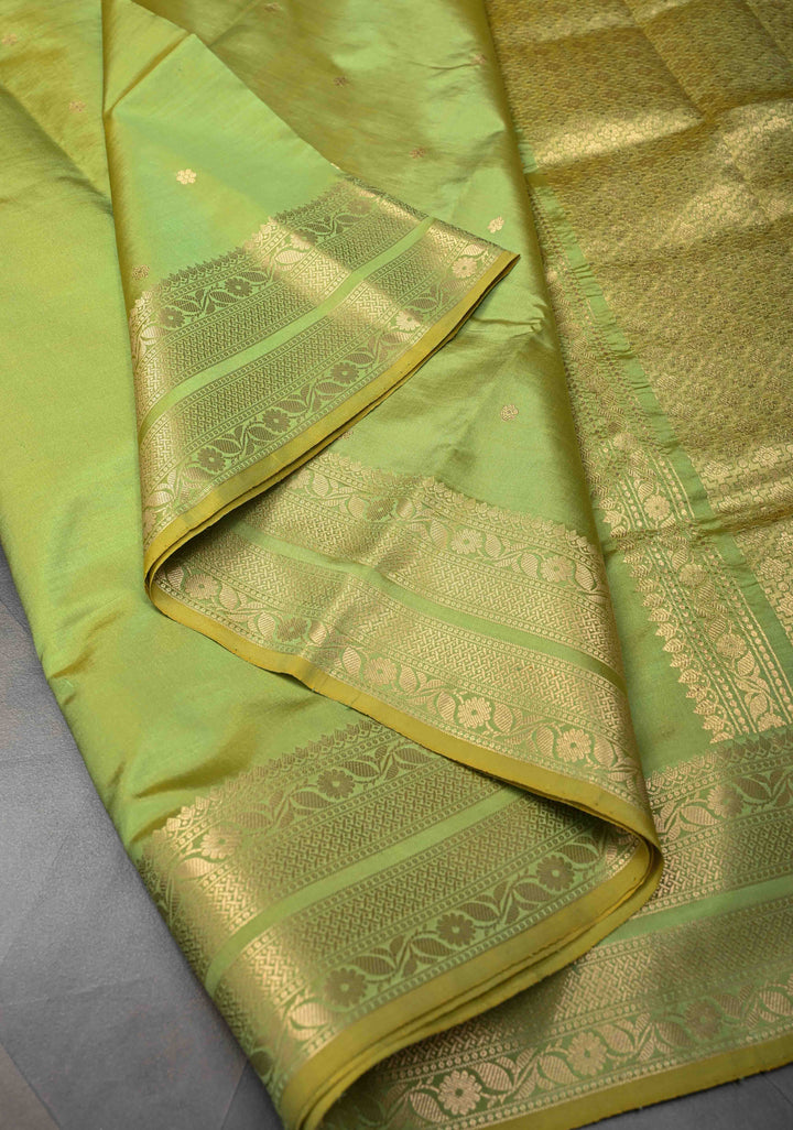 Tea Green Pure Banarasi Katan Silk Saree with Chunri Buttis and Zari Border | SILK MARK CERTIFIED