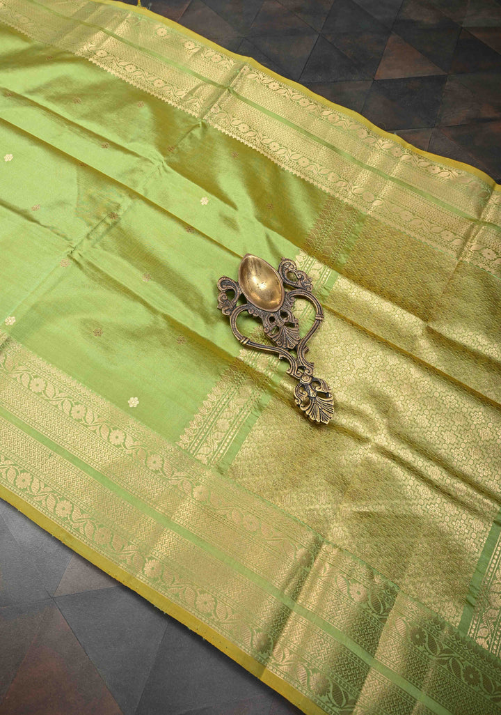 Tea Green Pure Banarasi Katan Silk Saree with Chunri Buttis and Zari Border | SILK MARK CERTIFIED