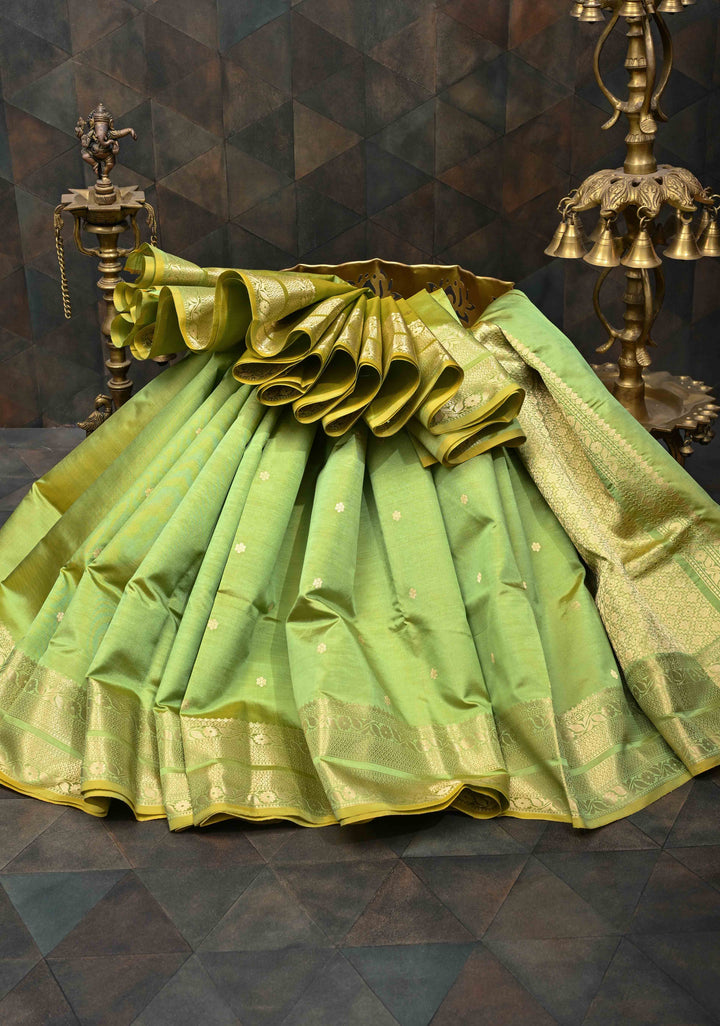 Tea Green Pure Banarasi Katan Silk Saree with Chunri Buttis and Zari Border | SILK MARK CERTIFIED