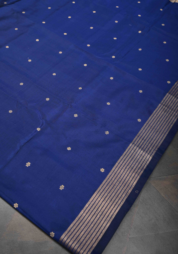 Navy Blue Pure Banarasi Katan Silk Saree with Chunri Buttis and Zari Border | SILK MARK CERTIFIED