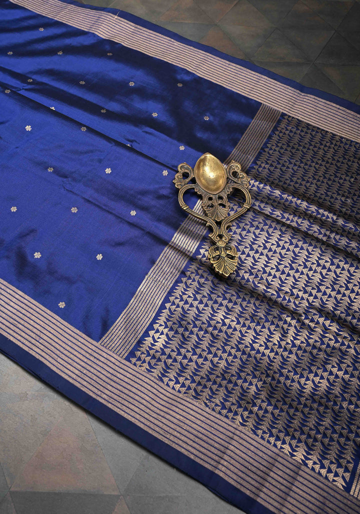 Navy Blue Pure Banarasi Katan Silk Saree with Chunri Buttis and Zari Border | SILK MARK CERTIFIED