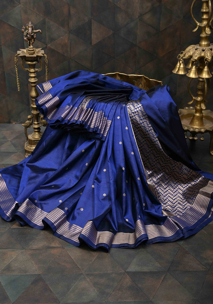 Navy Blue Pure Banarasi Katan Silk Saree with Chunri Buttis and Zari Border | SILK MARK CERTIFIED