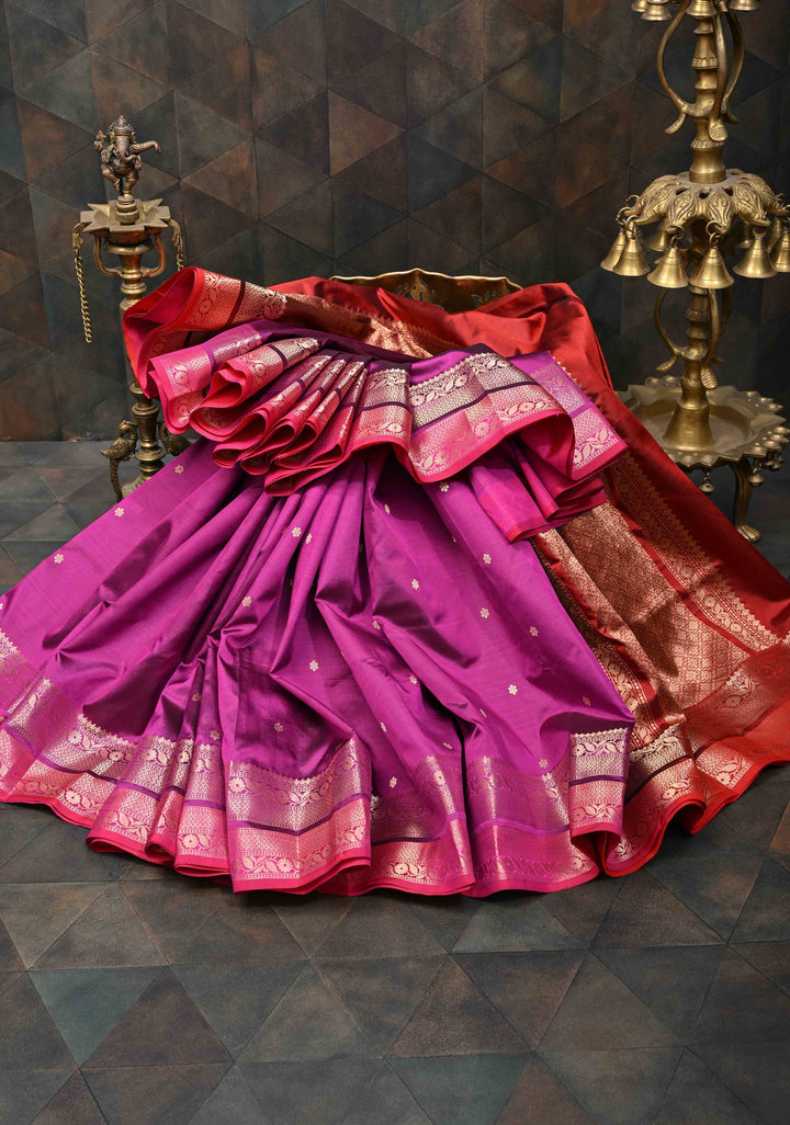 Magenta Pure Banarasi Katan Silk Saree with Chunri Buttis and Zari Border | SILK MARK CERTIFIED