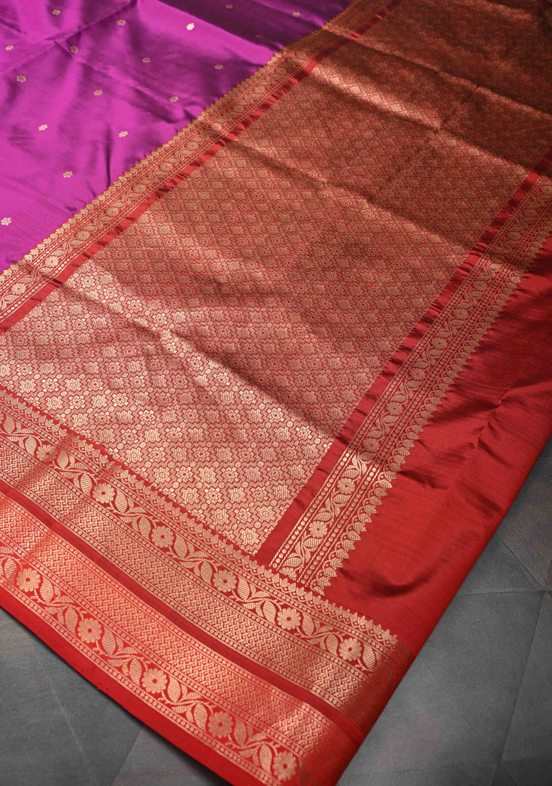 Magenta Pure Banarasi Katan Silk Saree with Chunri Buttis and Zari Border | SILK MARK CERTIFIED
