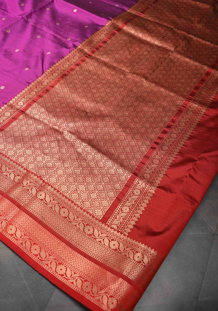 Magenta Pure Banarasi Katan Silk Saree with Chunri Buttis and Zari Border | SILK MARK CERTIFIED