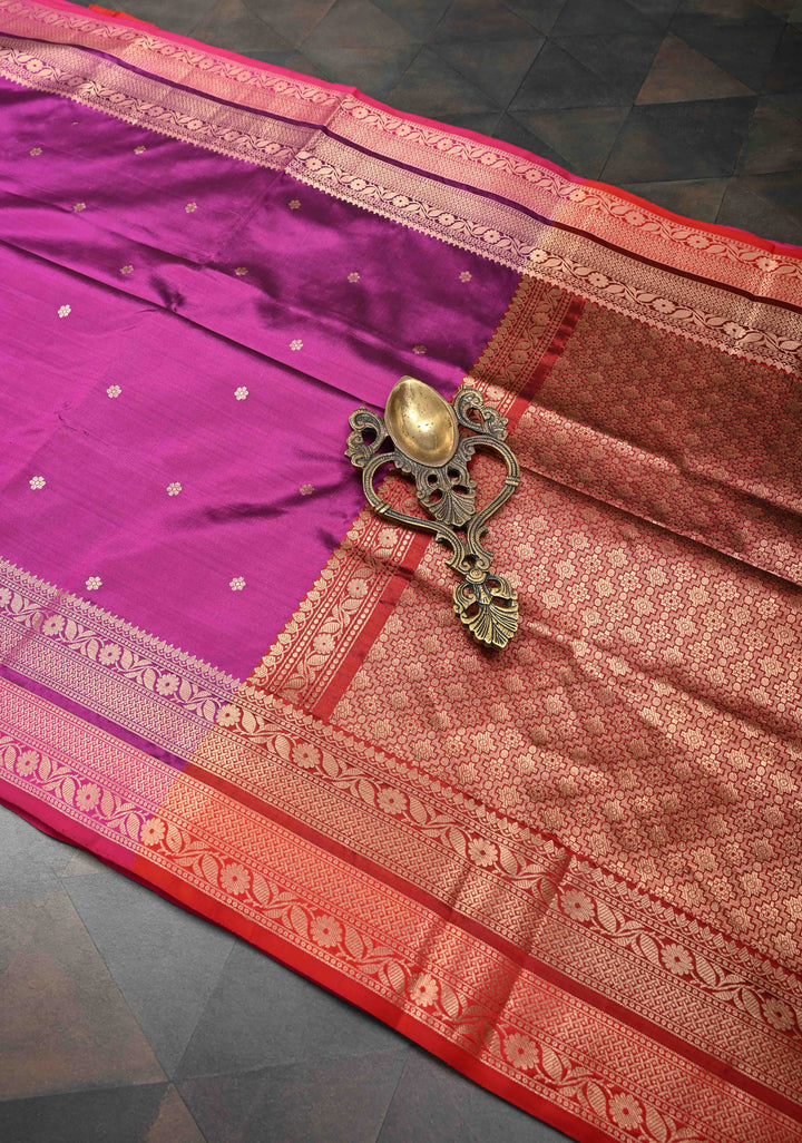 Magenta Pure Banarasi Katan Silk Saree with Chunri Buttis and Zari Border | SILK MARK CERTIFIED