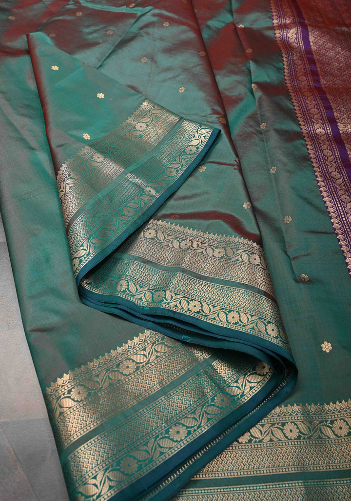 Emerald Green Dual tone Pure Banarasi Katan Silk Saree with Chunri Buttis and Zari Border | SILK MARK CERTIFIED