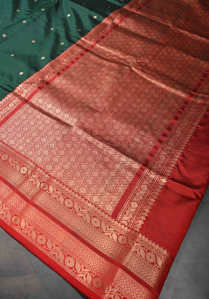 Dark Green Pure Banarasi Katan Silk Saree with Chunri Buttis and Zari Border | SILK MARK CERTIFIED