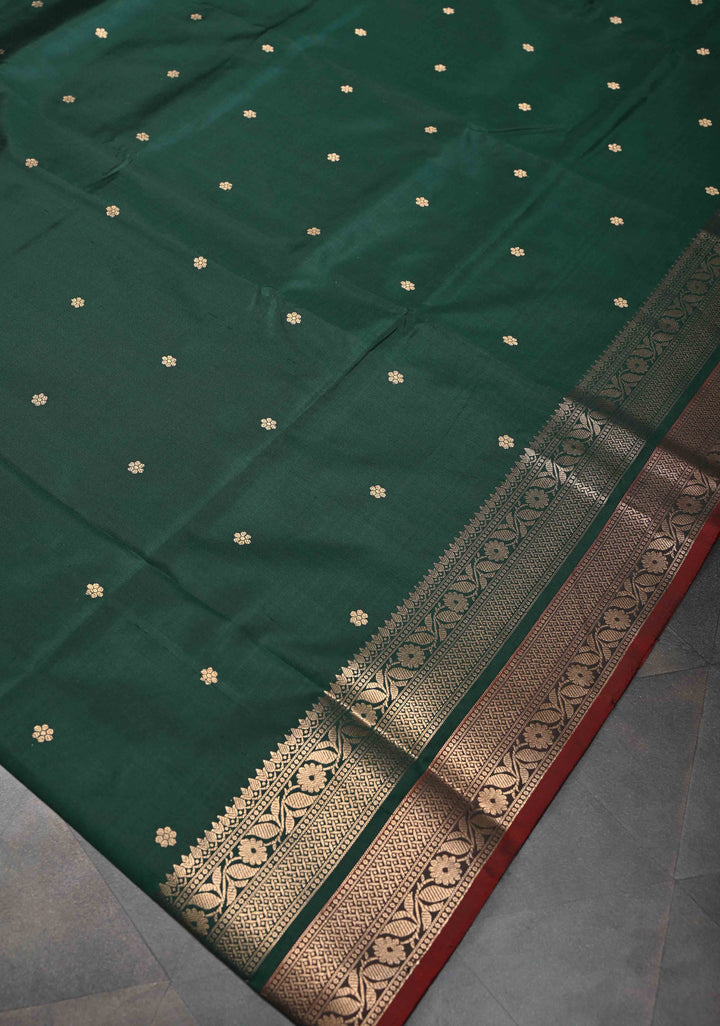 Dark Green Pure Banarasi Katan Silk Saree with Chunri Buttis and Zari Border | SILK MARK CERTIFIED