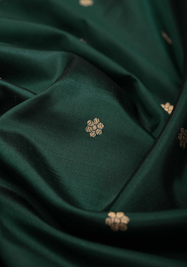 Dark Green Pure Banarasi Katan Silk Saree with Chunri Buttis and Zari Border | SILK MARK CERTIFIED