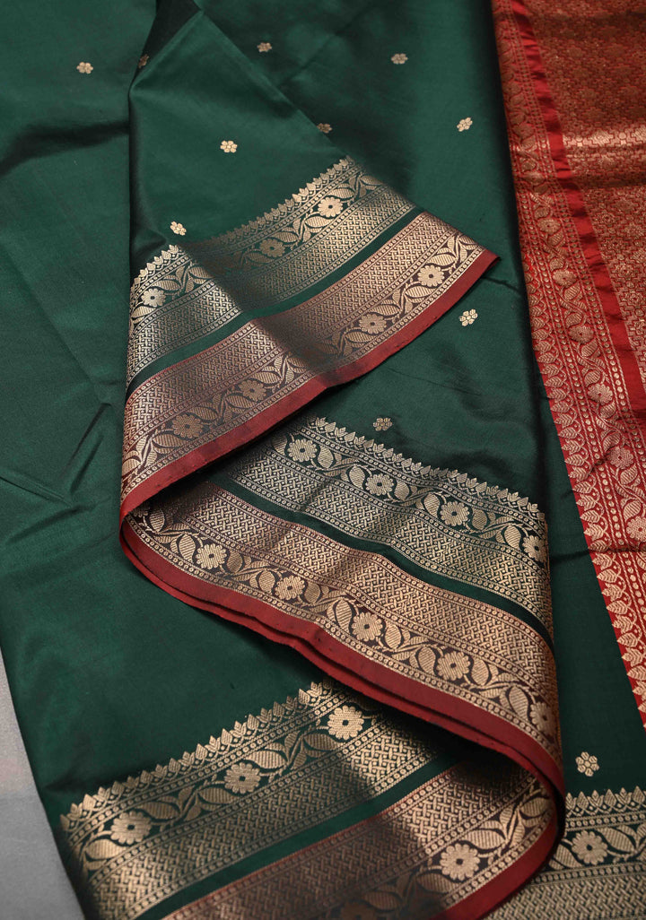 Dark Green Pure Banarasi Katan Silk Saree with Chunri Buttis and Zari Border | SILK MARK CERTIFIED
