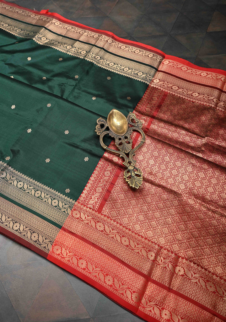 Dark Green Pure Banarasi Katan Silk Saree with Chunri Buttis and Zari Border | SILK MARK CERTIFIED