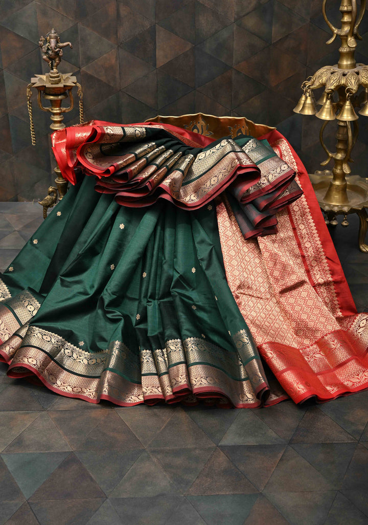 Dark Green Pure Banarasi Katan Silk Saree with Chunri Buttis and Zari Border | SILK MARK CERTIFIED