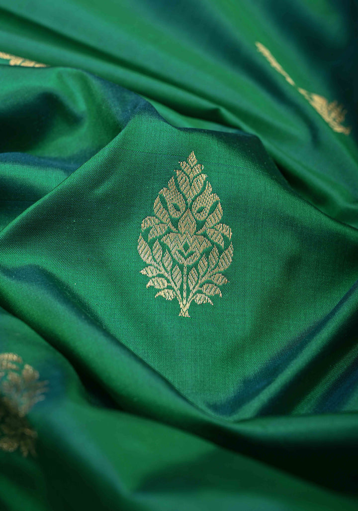 Green Dual Tone Pure Banarasi Katan Silk Saree with Zari Buttas and Zari Border | SILK MARK CERTIFIED