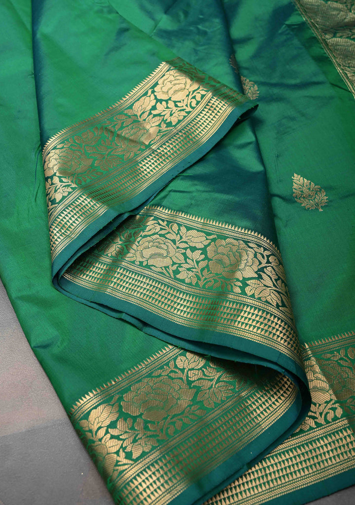 Green Dual Tone Pure Banarasi Katan Silk Saree with Zari Buttas and Zari Border | SILK MARK CERTIFIED