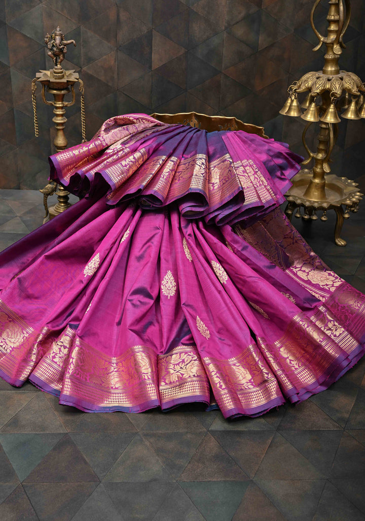 Pompadour Dual Tone Pure Banarasi Katan Silk Saree with Zari Buttis and Zari Border | SILK MARK CERTIFIED