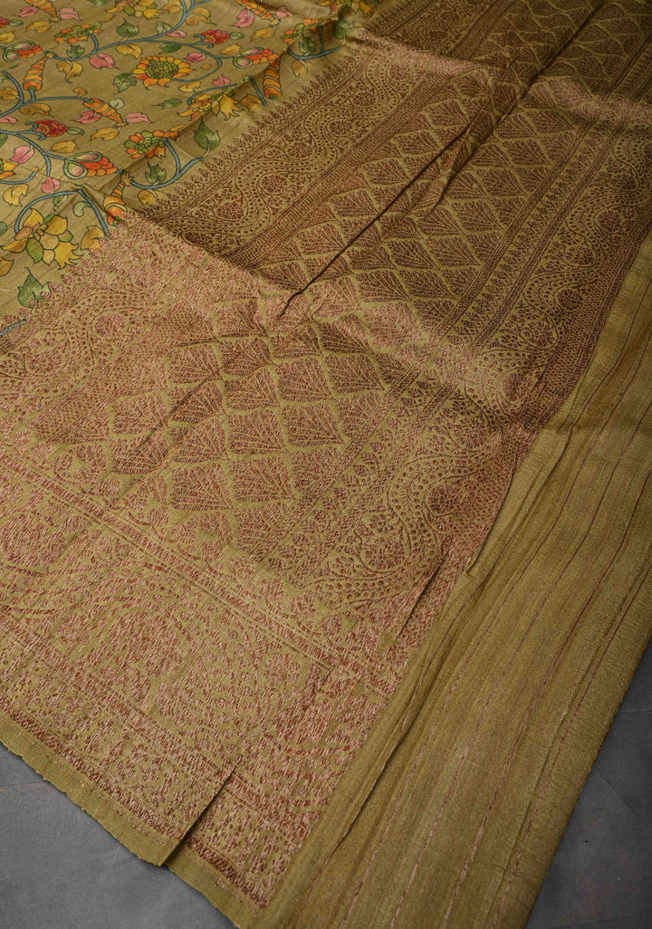 Khaki Banarasi Tussar Silk Saree with Kalamkari Digital Floral Print and Antique Zari Border | SILK MARK CERTIFIED