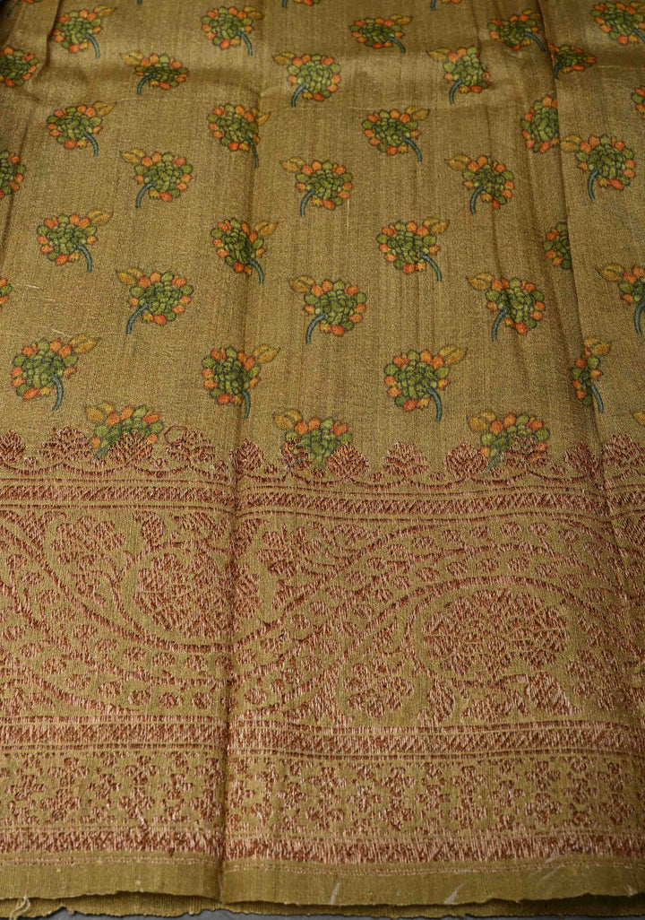 Khaki Banarasi Tussar Silk Saree with Kalamkari Digital Floral Print and Antique Zari Border | SILK MARK CERTIFIED