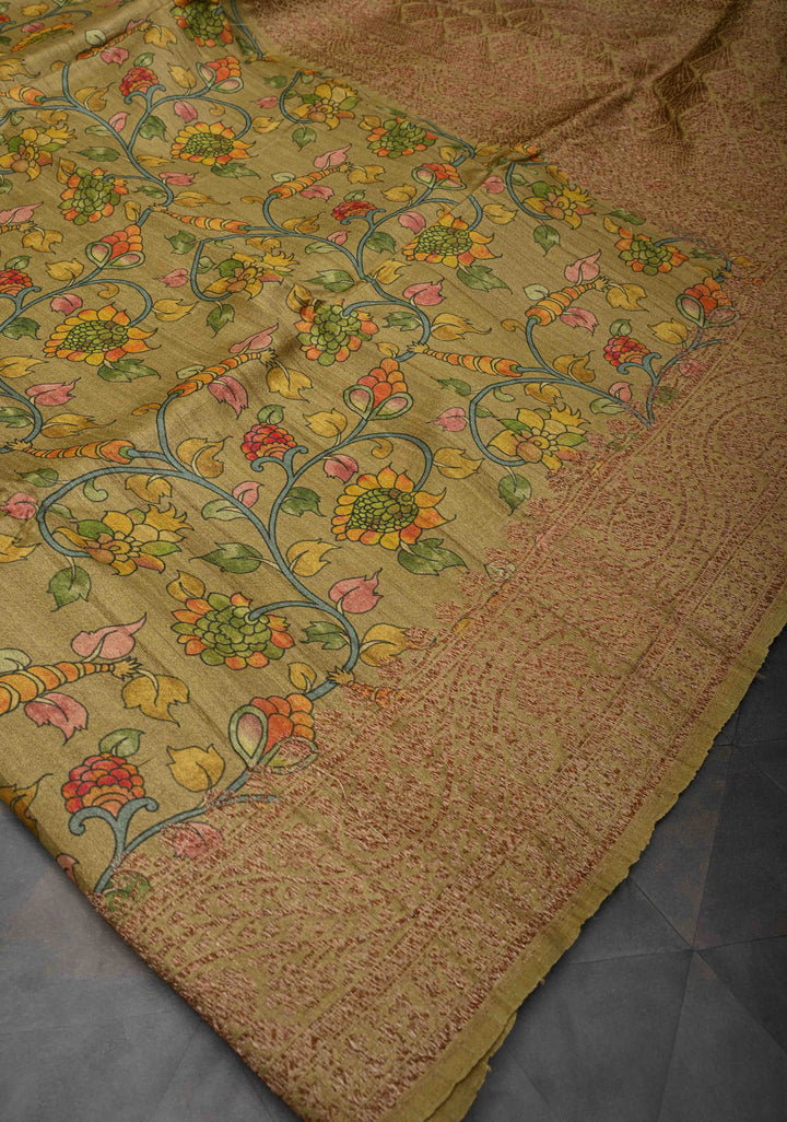Khaki Banarasi Tussar Silk Saree with Kalamkari Digital Floral Print and Antique Zari Border | SILK MARK CERTIFIED