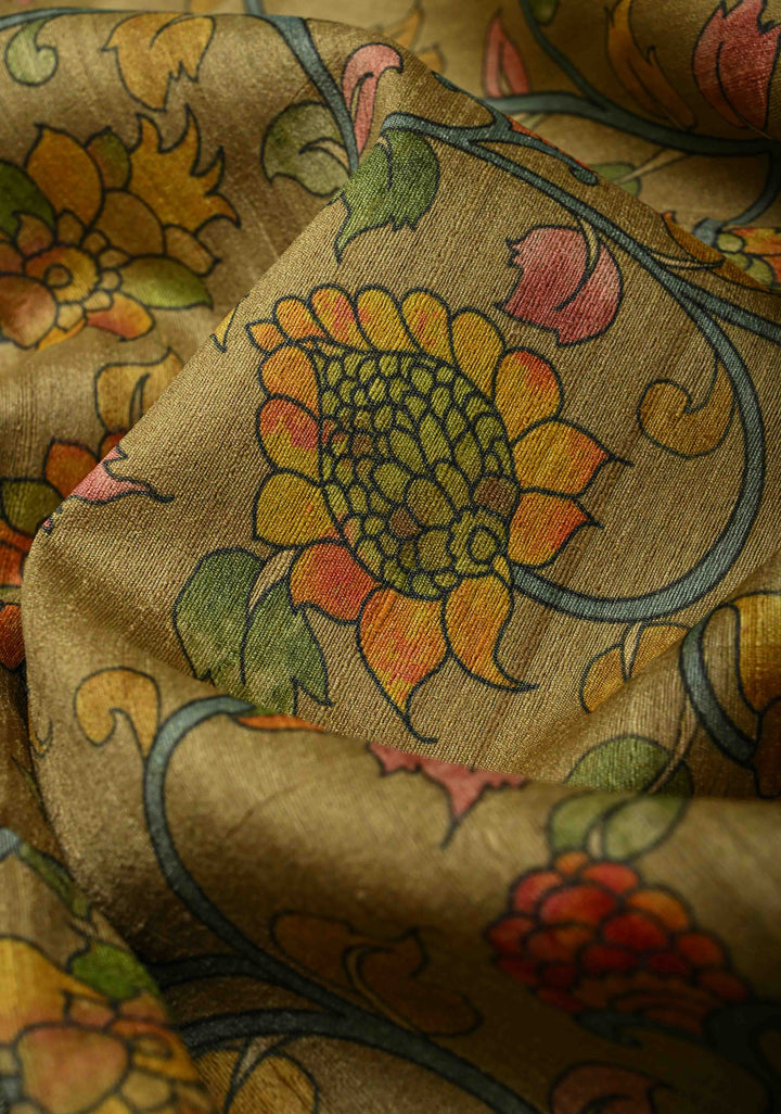 Khaki Banarasi Tussar Silk Saree with Kalamkari Digital Floral Print and Antique Zari Border | SILK MARK CERTIFIED