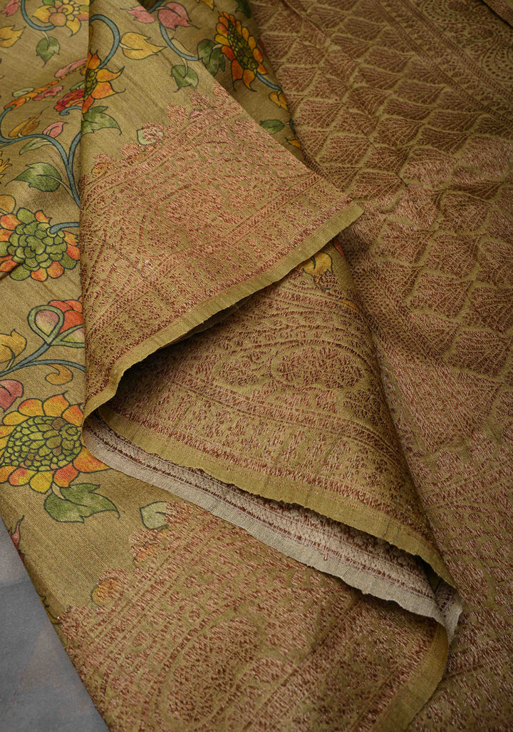 Khaki Banarasi Tussar Silk Saree with Kalamkari Digital Floral Print and Antique Zari Border | SILK MARK CERTIFIED
